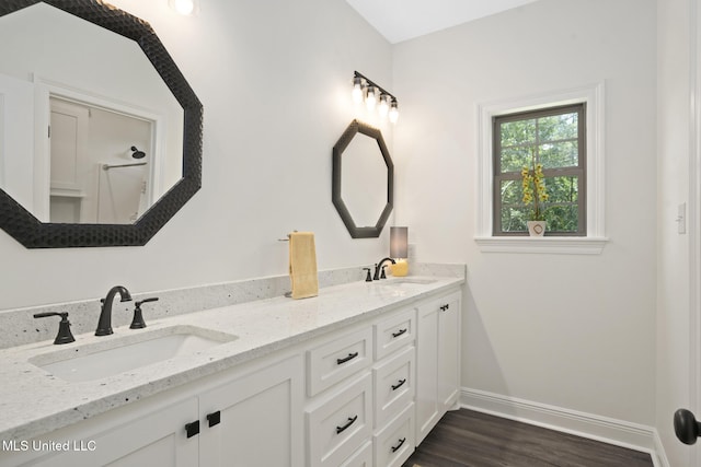 bathroom with a sink, baseboards, double vanity, and wood finished floors
