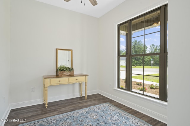 doorway to outside featuring baseboards, plenty of natural light, a ceiling fan, and dark wood-style flooring