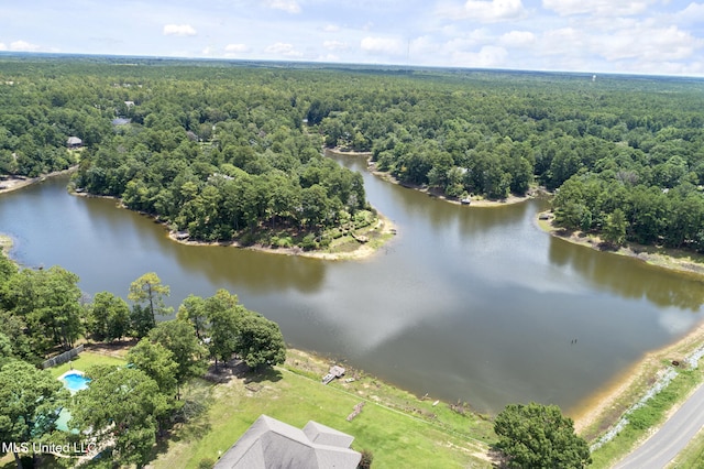 bird's eye view with a water view and a wooded view