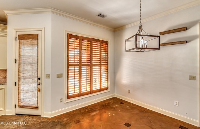 128 Amethyst Ln, Brandon, MS 39047 - unfurnished dining area with crown molding, baseboards, a chandelier, and tile patterned floors