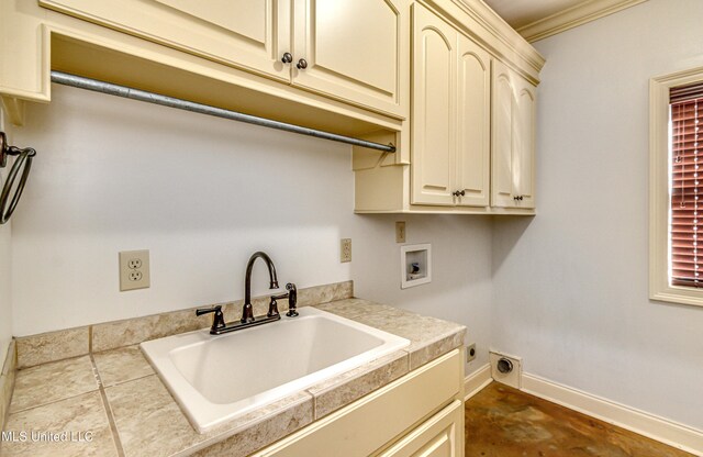 128 Amethyst Ln, Brandon, MS 39047 - laundry room with hookup for a washing machine, cabinet space, electric dryer hookup, baseboards, and ornamental molding