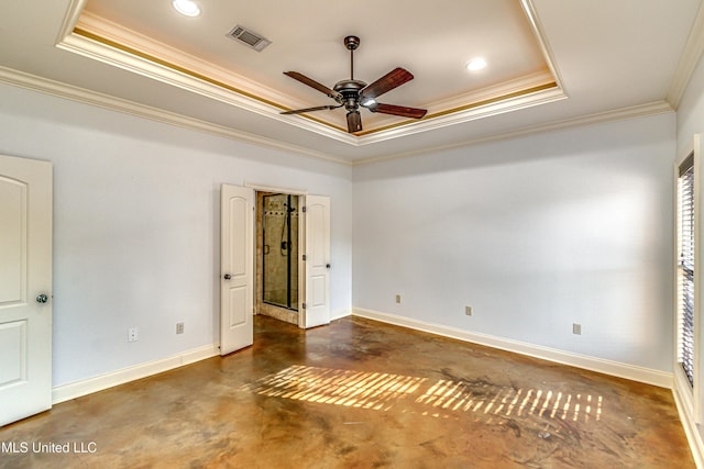 128 Amethyst Ln, Brandon, MS 39047 - unfurnished room with a raised ceiling, crown molding, concrete flooring, ceiling fan, and baseboards