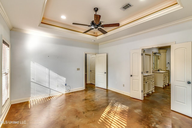 128 Amethyst Ln, Brandon, MS 39047 - unfurnished room featuring concrete flooring, ornamental molding, a tray ceiling, ceiling fan, and baseboards