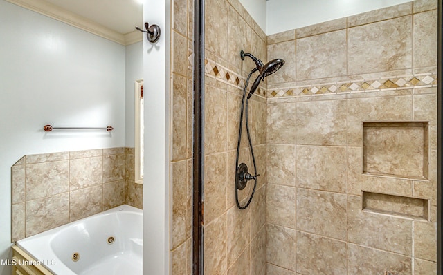 128 Amethyst Ln, Brandon, MS 39047 - full bath featuring a stall shower, a whirlpool tub, and crown molding