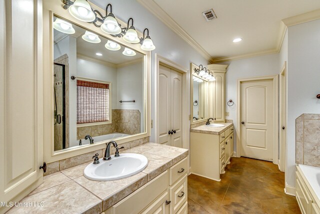 128 Amethyst Ln, Brandon, MS 39047 - full bath featuring a bath, two vanities, crown molding, a stall shower, and recessed lighting