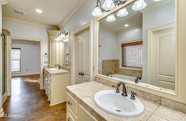 128 Amethyst Ln, Brandon, MS 39047 - full bathroom featuring vanity, a garden tub, ornamental molding, and recessed lighting