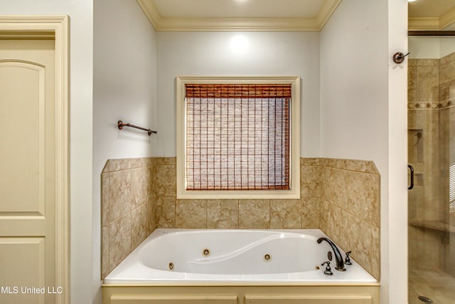 128 Amethyst Ln, Brandon, MS 39047 - bathroom featuring a stall shower, crown molding, and a whirlpool tub