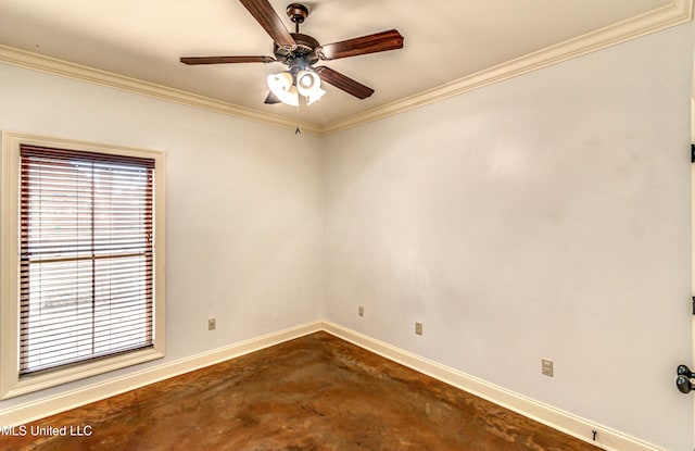 128 Amethyst Ln, Brandon, MS 39047 - empty room featuring unfinished concrete floors, crown molding, baseboards, and ceiling fan