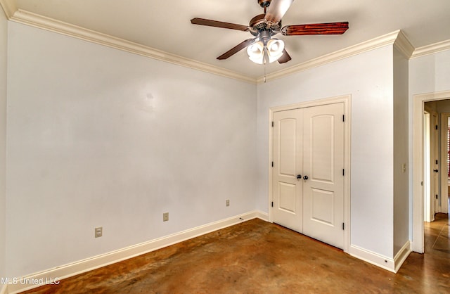 128 Amethyst Ln, Brandon, MS 39047 - unfurnished bedroom with crown molding, baseboards, concrete flooring, a closet, and ceiling fan