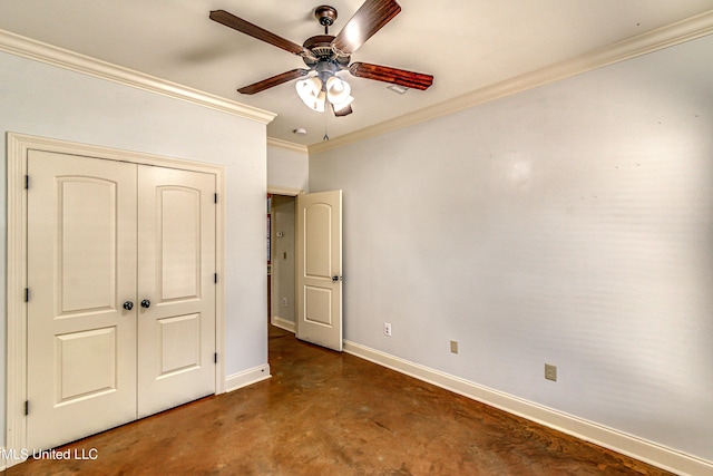 128 Amethyst Ln, Brandon, MS 39047 - unfurnished bedroom with concrete floors, crown molding, baseboards, a closet, and ceiling fan