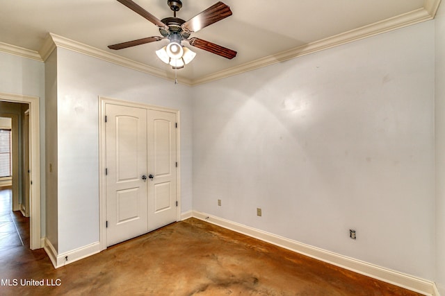 128 Amethyst Ln, Brandon, MS 39047 - unfurnished bedroom with baseboards, ornamental molding, concrete floors, a closet, and a ceiling fan