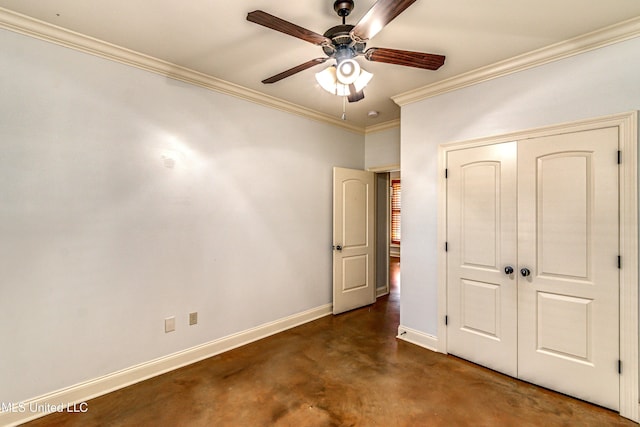 128 Amethyst Ln, Brandon, MS 39047 - unfurnished bedroom with finished concrete flooring, baseboards, ornamental molding, a closet, and a ceiling fan