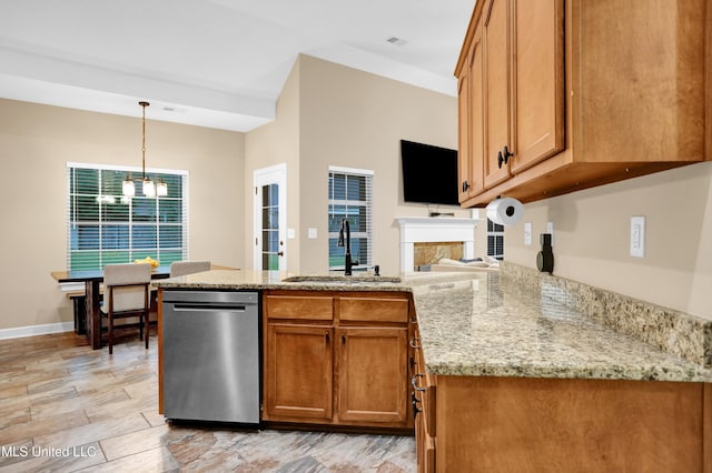 4813 Rosepetal Cv, Southaven, MS 38672 - kitchen with brown cabinetry, dishwasher, a sink, a peninsula, and an inviting chandelier