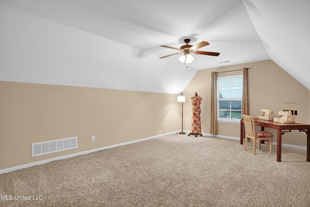 4813 Rosepetal Cv, Southaven, MS 38672 - office area with ceiling fan, light carpet, vaulted ceiling, and visible vents