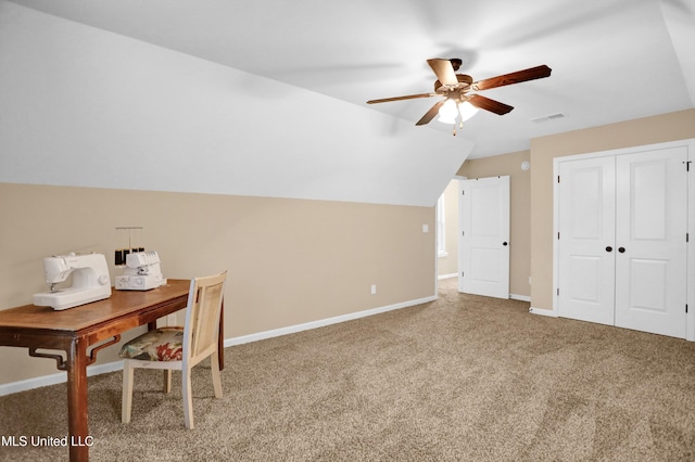 4813 Rosepetal Cv, Southaven, MS 38672 - office space featuring ceiling fan, visible vents, baseboards, lofted ceiling, and carpet flooring