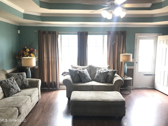 living area featuring ceiling fan, a raised ceiling, wood finished floors, and crown molding