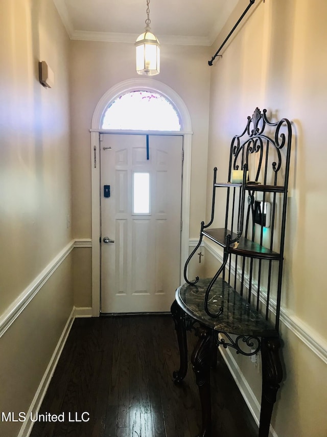 foyer featuring ornamental molding, dark wood-style flooring, and baseboards