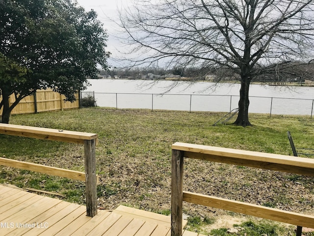 view of yard featuring a fenced backyard and a deck with water view