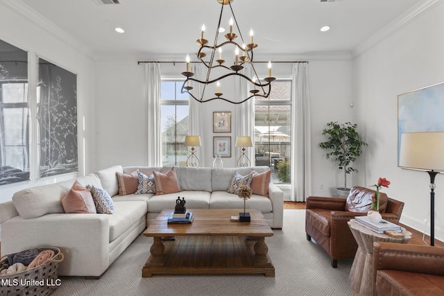 living area with ornamental molding, recessed lighting, and a chandelier