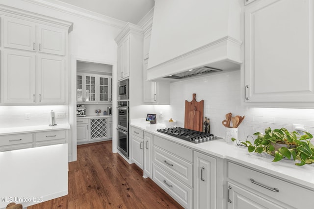 kitchen featuring ornamental molding, custom exhaust hood, white cabinetry, tasteful backsplash, and appliances with stainless steel finishes