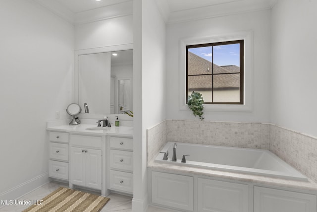 bathroom featuring vanity, ornamental molding, and a bath