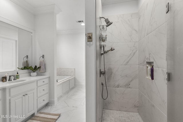 full bath with vanity, a marble finish shower, marble finish floor, visible vents, and a garden tub