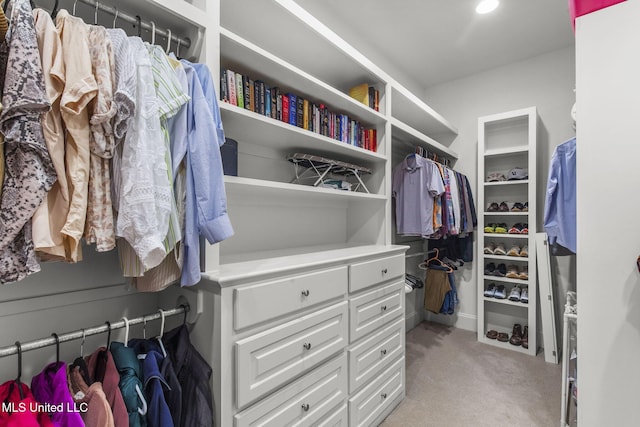 walk in closet with light carpet