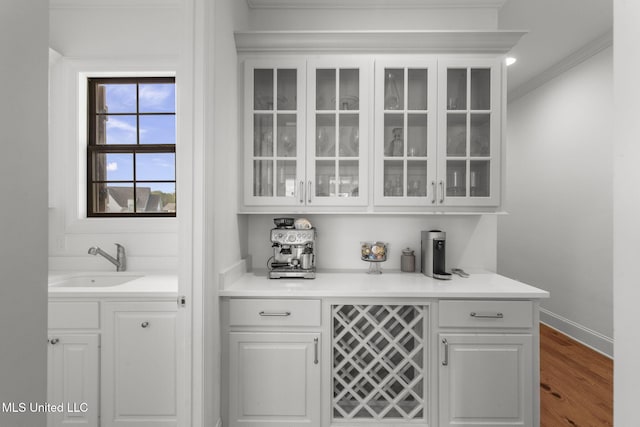 bar featuring crown molding, baseboards, dark wood-style floors, and a sink