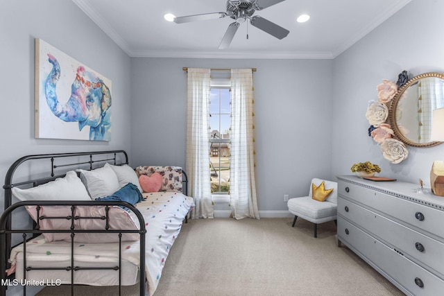 bedroom with crown molding, ceiling fan, light carpet, recessed lighting, and baseboards