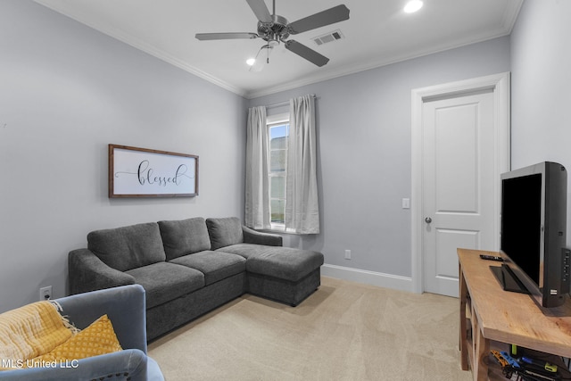 living room with ceiling fan, light colored carpet, visible vents, ornamental molding, and recessed lighting