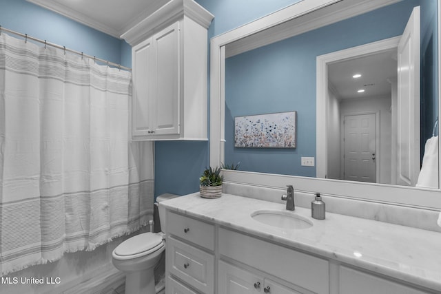 bathroom featuring crown molding, vanity, toilet, shower / bathtub combination with curtain, and recessed lighting
