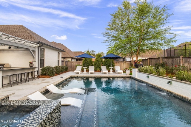 view of swimming pool featuring a patio, a fenced backyard, outdoor dry bar, and a fenced in pool