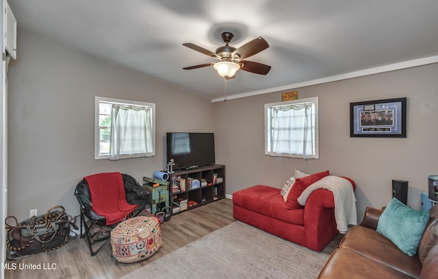 living room with light hardwood / wood-style flooring, lofted ceiling, and ceiling fan