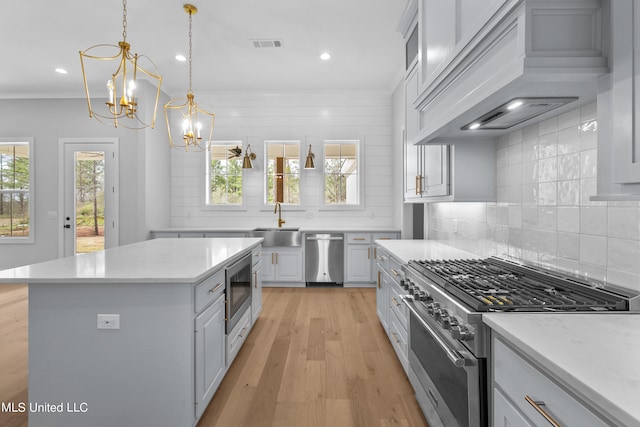 kitchen with stainless steel appliances, a sink, a kitchen island, visible vents, and custom range hood