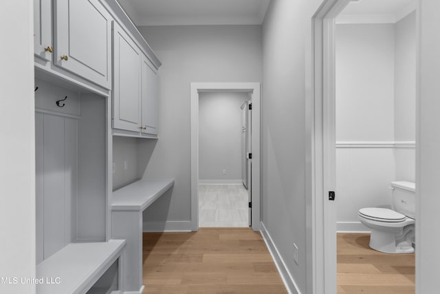 mudroom featuring ornamental molding, light wood-style flooring, and baseboards