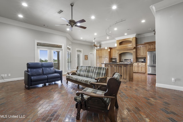 1400 Magnolia Bluff Dr, Gautier, MS 39553 - living room with a ceiling fan, recessed lighting, brick flooring, baseboards, and ornamental molding