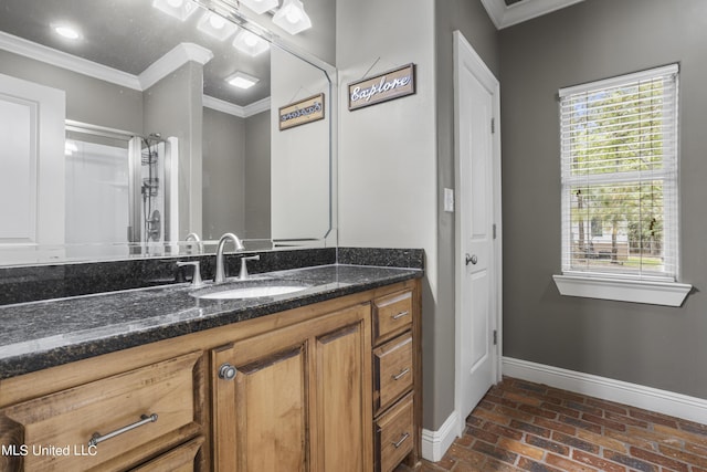 1400 Magnolia Bluff Dr, Gautier, MS 39553 - bathroom featuring brick floors, crown molding, baseboards, and vanity