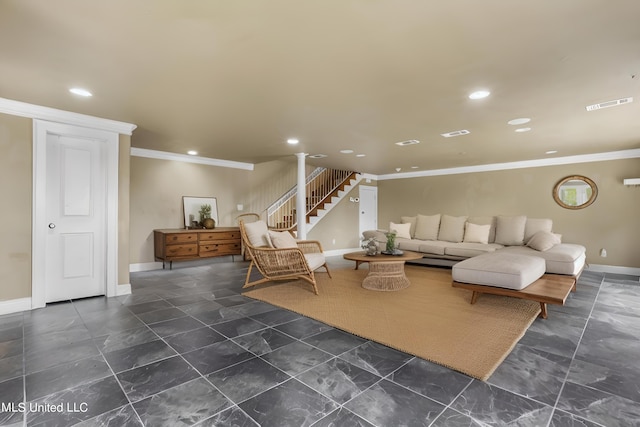 living room with crown molding, recessed lighting, visible vents, baseboards, and stairs