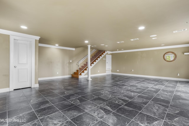 1400 Magnolia Bluff Dr, Gautier, MS 39553 - unfurnished living room with baseboards, crown molding, recessed lighting, and stairs
