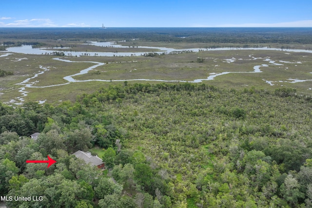 birds eye view of property with a water view and a wooded view