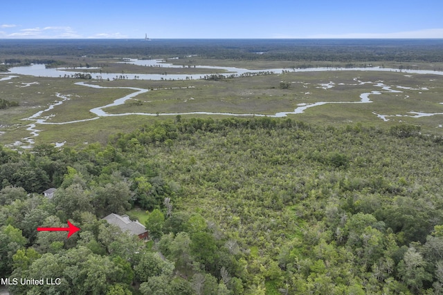 bird's eye view featuring a water view and a wooded view