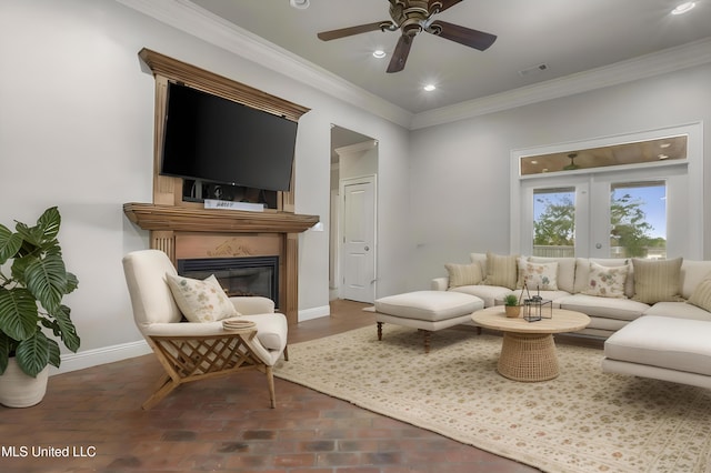 1400 Magnolia Bluff Dr, Gautier, MS 39553 - living area with recessed lighting, a glass covered fireplace, ornamental molding, a ceiling fan, and baseboards