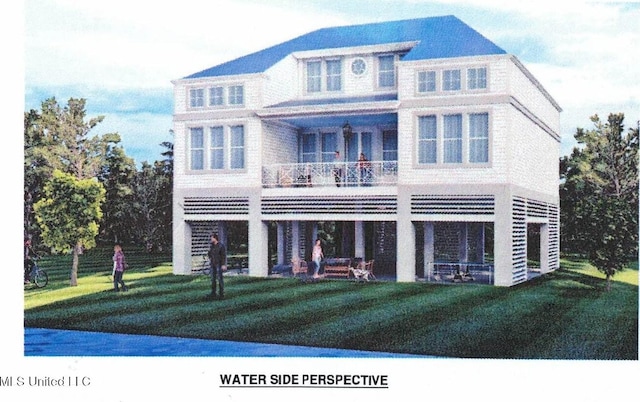 view of front of property with a balcony and a front lawn