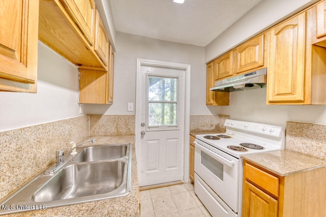 kitchen featuring sink, light tile patterned floors, light brown cabinetry, and electric range