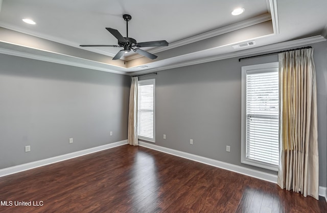 272 Hidden Hills Pkwy, Brandon, MS 39047 - unfurnished room with a raised ceiling, crown molding, wood finished floors, a ceiling fan, and recessed lighting