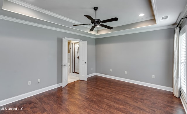 272 Hidden Hills Pkwy, Brandon, MS 39047 - unfurnished bedroom with a raised ceiling, ornamental molding, wood finished floors, recessed lighting, and a ceiling fan