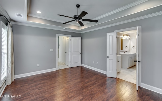 272 Hidden Hills Pkwy, Brandon, MS 39047 - unfurnished bedroom with a tray ceiling, wood finished floors, ornamental molding, recessed lighting, and a ceiling fan