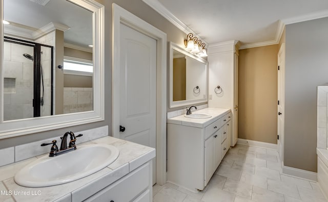 272 Hidden Hills Pkwy, Brandon, MS 39047 - bathroom with ornamental molding, two vanities, marble look tile flooring, and tiled shower