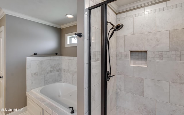 272 Hidden Hills Pkwy, Brandon, MS 39047 - bathroom with crown molding, a whirlpool tub, a shower stall, and recessed lighting