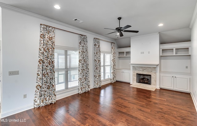 272 Hidden Hills Pkwy, Brandon, MS 39047 - unfurnished living room with ceiling fan, crown molding, a stone fireplace, wood finished floors, and recessed lighting